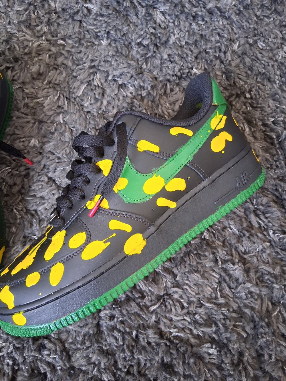 Nike Air Force 1 Black with Yellow Paint Splatter and Green Swoosh - Picture 5 of 6